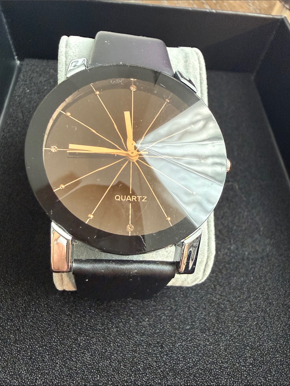 Quartz Men's Black Leather Strap Watch with Gold Accents